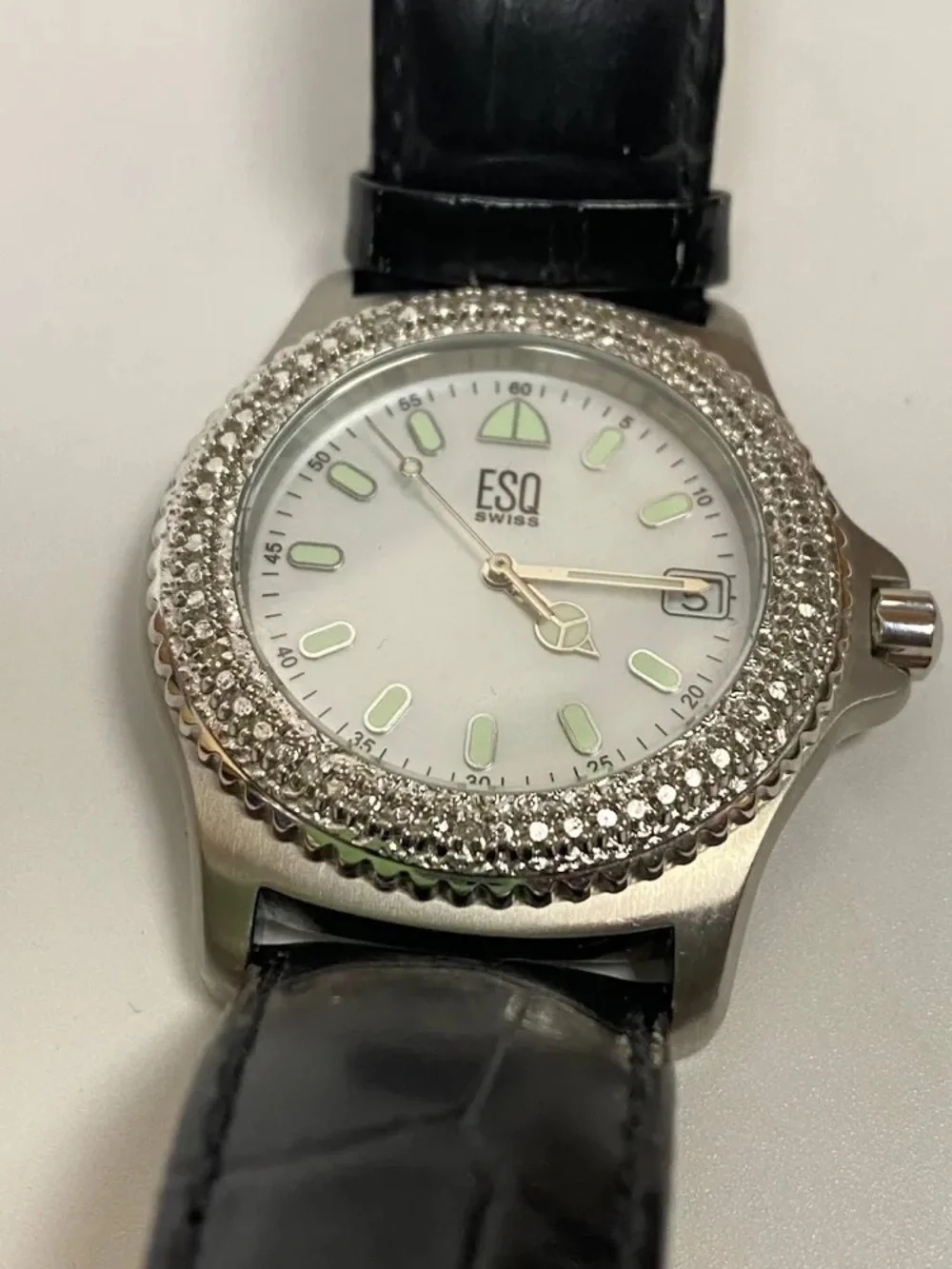 ESQ Women's Silver Watch with Diamond Bezel - White Dial. Glow in the dark hands